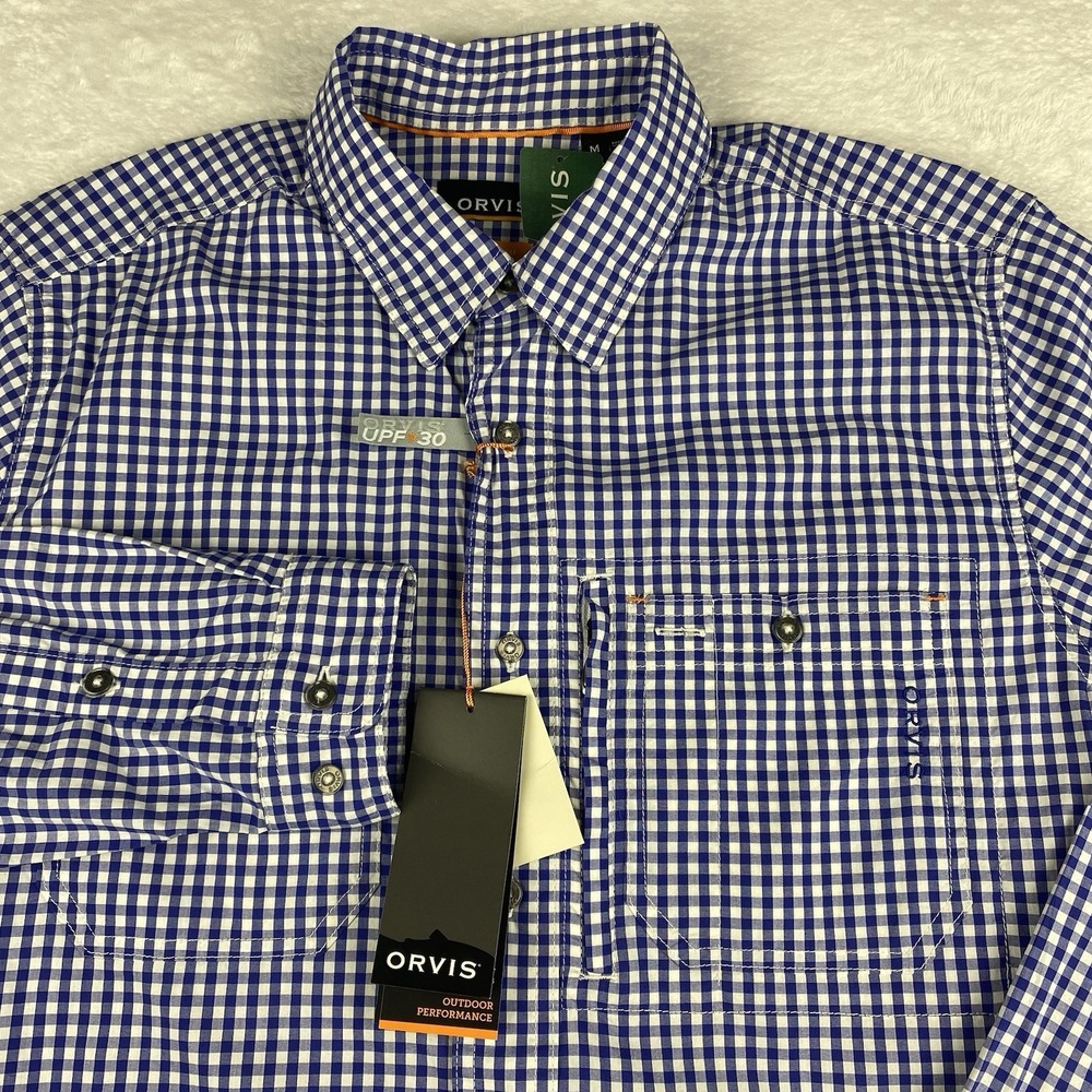 ORVIS Active Fit Shirt Mens Medium Blue/White Checks Lightweight Stretch NWT!